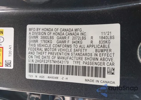 2022 Honda Civic Sport z USA, uszkodzony, nr VIN 2HGFE2F57NH543179